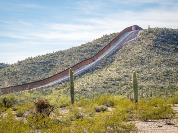 Desert scene with US/Mexico border wall