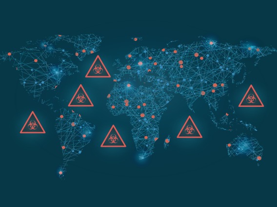 world map with scattered symbols that represent hazards