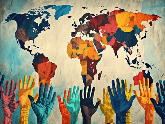 colorful hands raised in front of world map