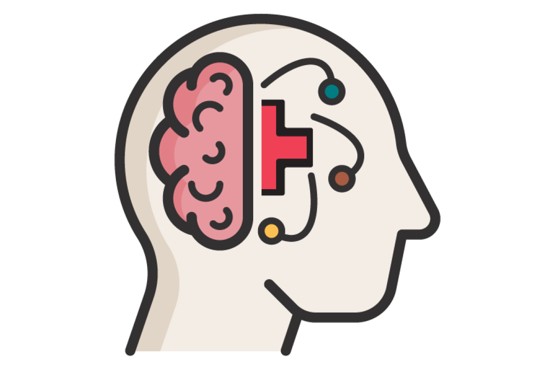 cartoon head with brain and health symbol inside